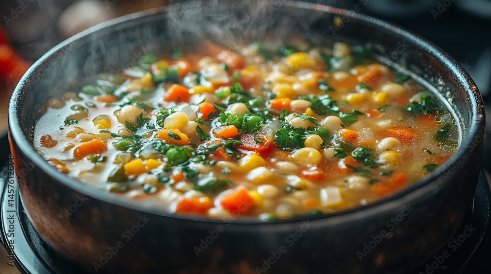 top-down view of a steaming pot of homemade vegetable soup, deep earthy colors, rustic and cozy kitchen setting top-down view of a steaming pot of homemade vegetable soup, deep earthy colors, rustic and cozy kitchen setting