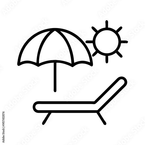 Black line icon of beach lounger with umbrella and sun, vector illustration of summer vacation and relaxation, isolated on white background