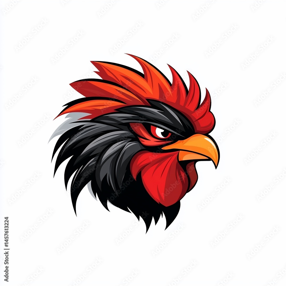 Fierce red and black rooster head illustration, aggressive expression Fierce red and black rooster head illustration, aggressive expression
