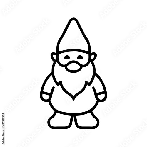 Black line icon of garden gnome with beard and pointy hat, cute minimal vector illustration of fairytale character, isolated on white background