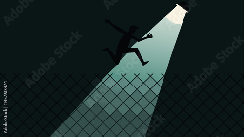 Jumping the Fence A silhouette of a person leaping over a chainlink fence with a spotlight illuminating the area around them.