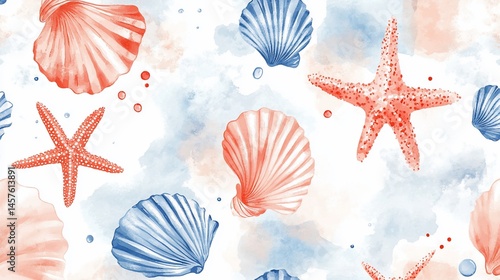 Watercolor Seashells and Starfish Seamless Pattern