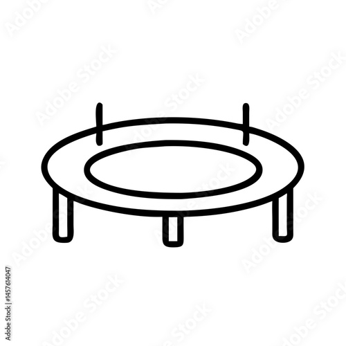 black outline of round trampoline with legs and safety poles, minimalist vector icon of sports equipment, isolated on white background