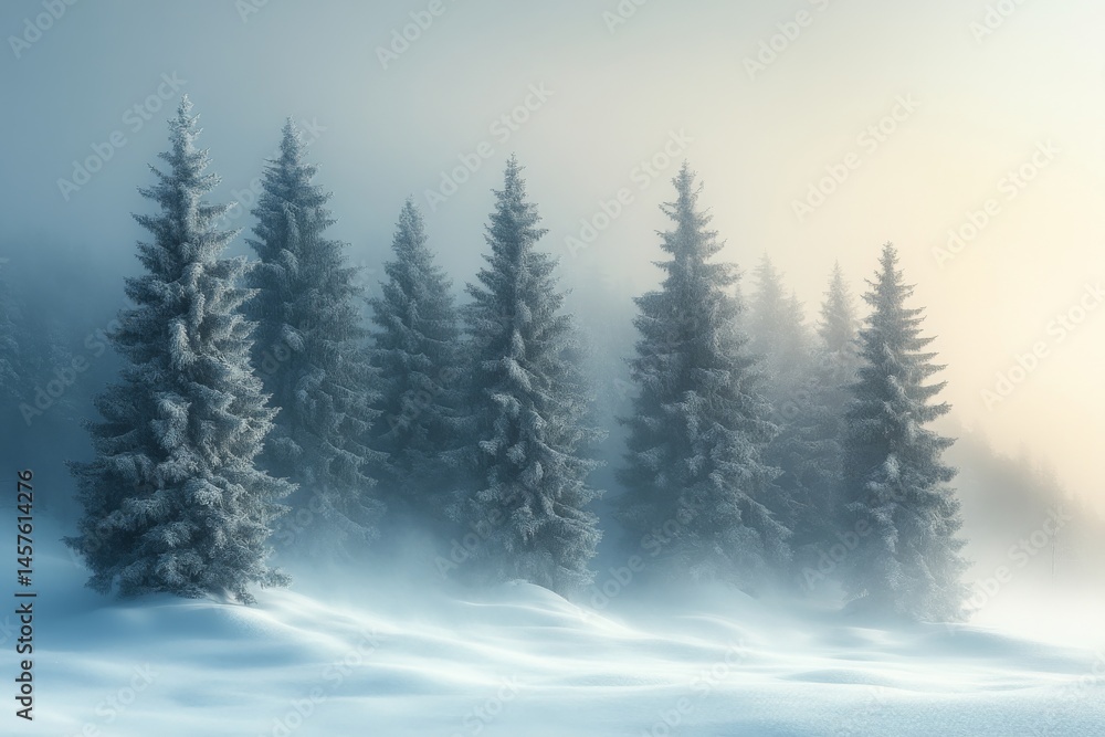 Towering snow-covered pine trees in a winter landscape, gentle snowfall adding a soft, serene atmosphere Towering snow-covered pine trees in a winter landscape, gentle snowfall adding a soft, serene atmosphere