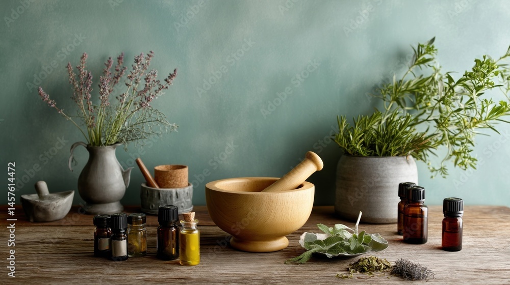 A wooden table adorned with various small bottles of essential oils a mortar and pestle and fresh herbs like lavender and eucalyptus all set against a backdrop of calming colors.