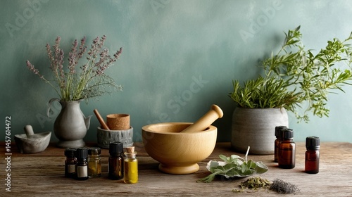 Obraz na płótnie A wooden table adorned with various small bottles of essential oils a mortar and pestle and fresh herbs like lavender and eucalyptus all set against a backdrop of calming colors. w salonie