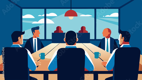 Chain of Command A large corporate boardroom with exeives making decisions while smallscale farmers can be seen through a window looking concerned.