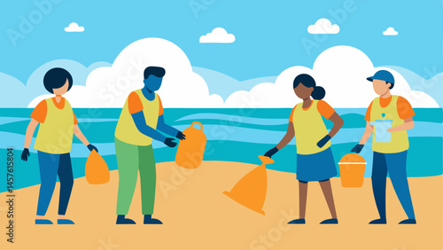 Community Beach CleanUp A diverse group of volunteers with trash bags and gloves collecting plastic waste along a sandy beach with the ocean waves in the background.