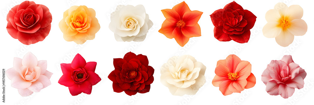 Naklejka premium Vibrant floral arrangement showcasing various colored camellias against a black backdrop