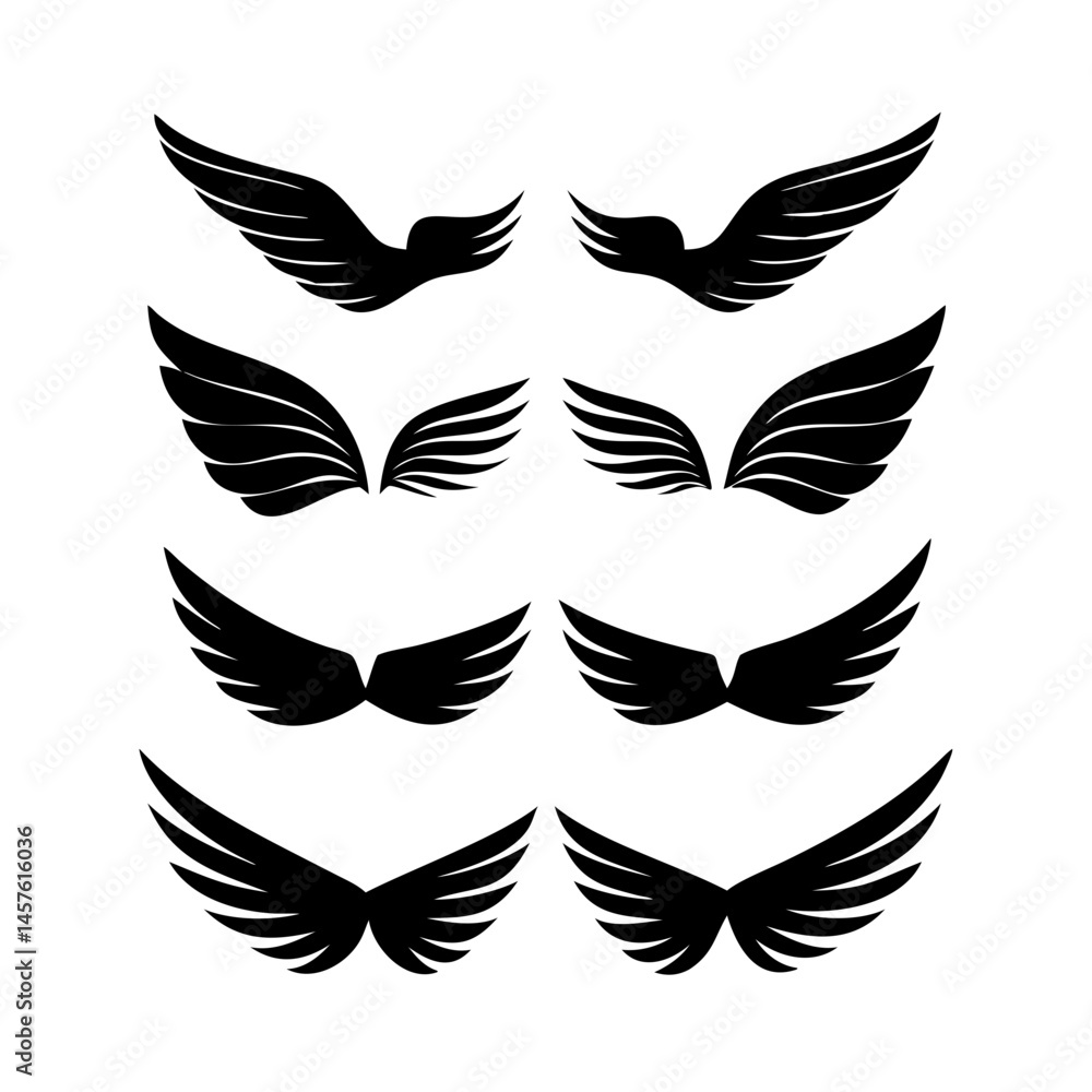 Obraz premium Black wings icon set. Wings icons. Collection badges of wings. Vector illustration.Set of wings icons. Collection wings badges. Vector illustration.Silhouette Vector Black. with white background 