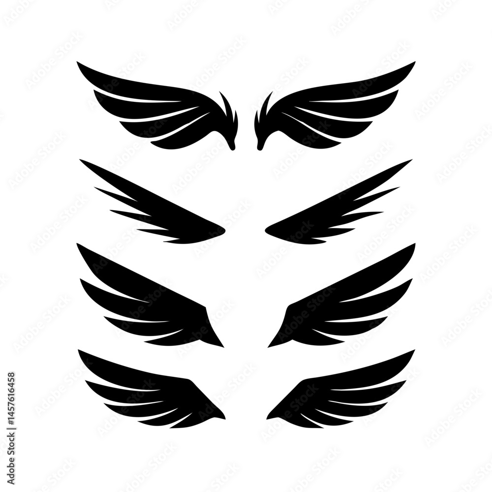 Obraz premium Black wings icon set. Wings icons. Collection badges of wings. Vector illustration.Set of wings icons. Collection wings badges. Vector illustration.Silhouette Vector Black. with white background 
