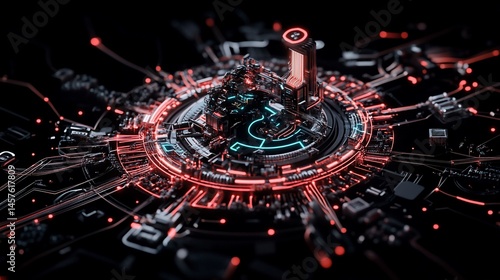 Wallpaper Mural Futuristic digital circuit design with glowing red and cyan details, dark background Torontodigital.ca