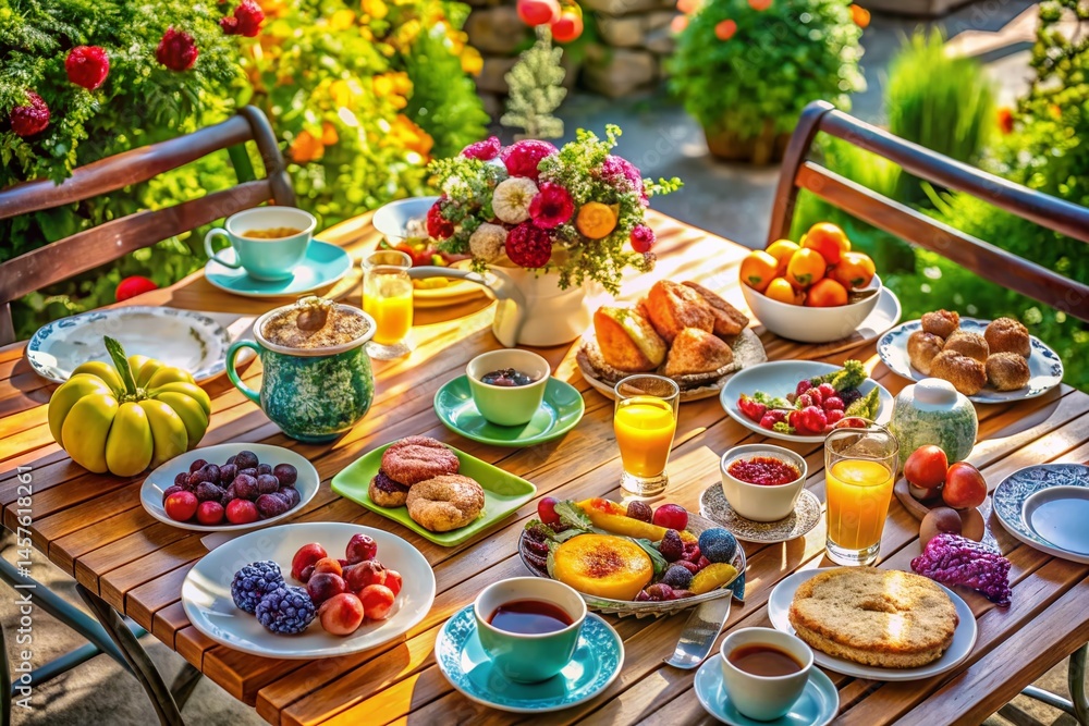 Fototapeta premium Aerial View of Delicious Brunch Table Setting with Coffee and Food