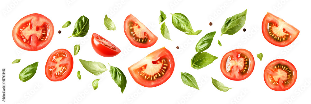 Culinary composition featuring fresh tomatoes and basil leaves against dark background Culinary composition featuring fresh tomatoes and basil leaves against dark background