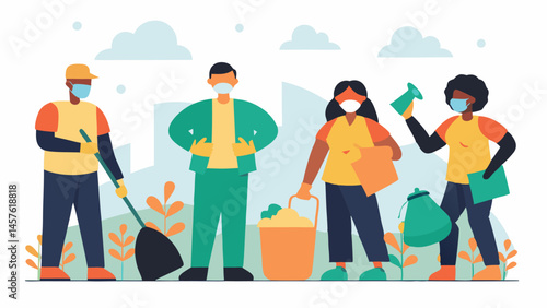 Community Cleanup A group of diverse volunteers wearing masks picking up litter and debris in a polluted neighborhood symbolizing grassroots efforts to combat environmental