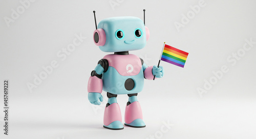 Lgbtqiapn+ pride month a cute blue and pink robot holding a rainbow pride flag on a white background in a studio shot