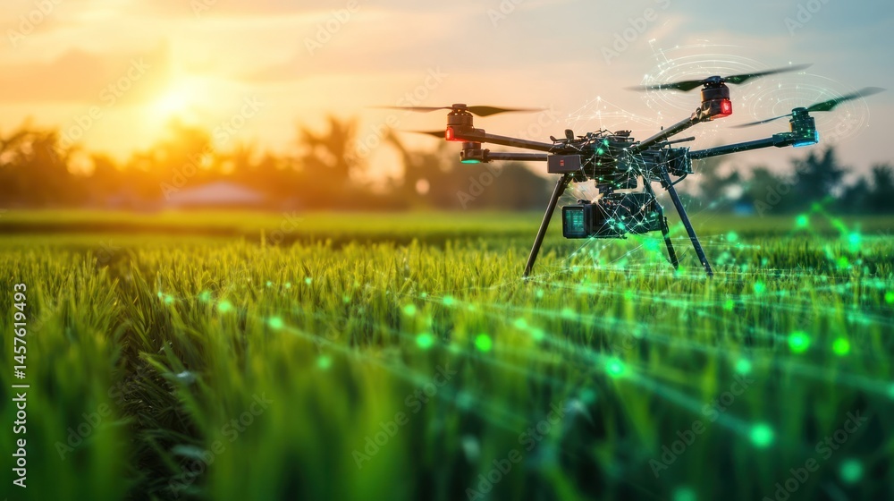 Precision agriculture: Drone technology optimizing crop yields and data analysis at sunrise Precision agriculture: Drone technology optimizing crop yields and data analysis at sunrise
