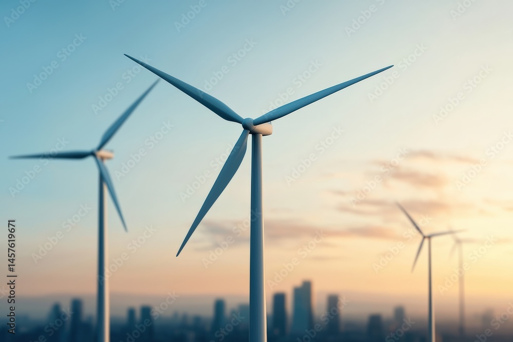 Wind turbines generating clean energy over futuristic city skyline Wind turbines generating clean energy over futuristic city skyline
