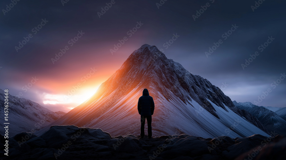 Fototapeta premium Silhouette einer Person vor einem Berg bei Sonnenaufgang mit dramatischer Beleuchtung