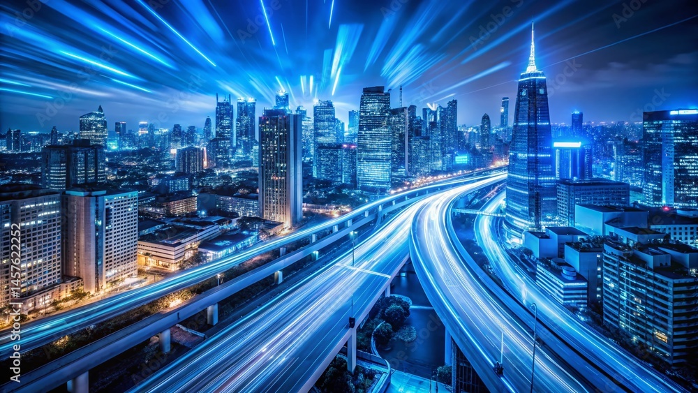 Fototapeta premium Aerial View of Moving Blue Lights at Night - Cityscape Illumination