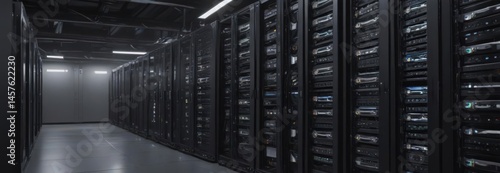 Gleaming server racks and complex network cabling in a high-tech facility,  cable,  cybersecurity