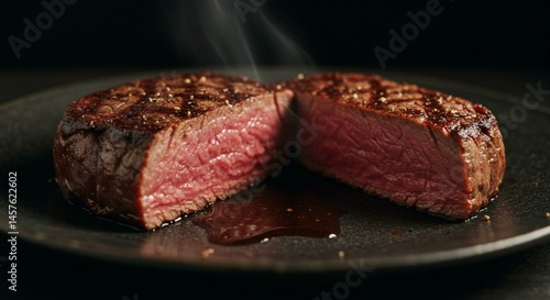 Macro of Rare Steak Cut with Juices Pooling on Plate
