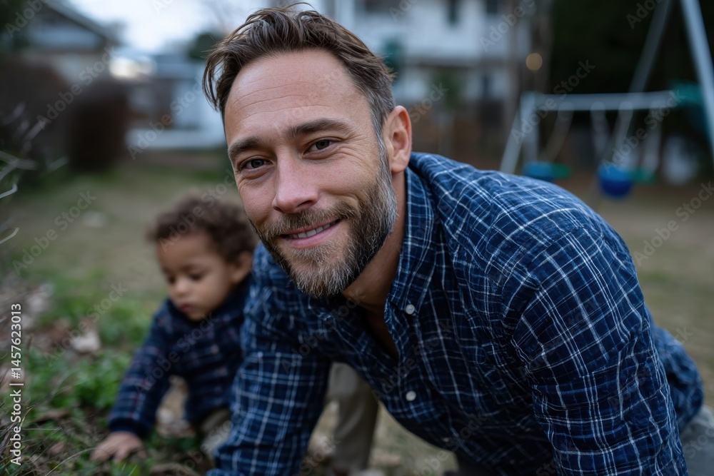 Fototapeta premium A heartwarming moment captured of a father and son playing together in their backyard, exploring nature and enjoying quality time amidst laughter and discovery.