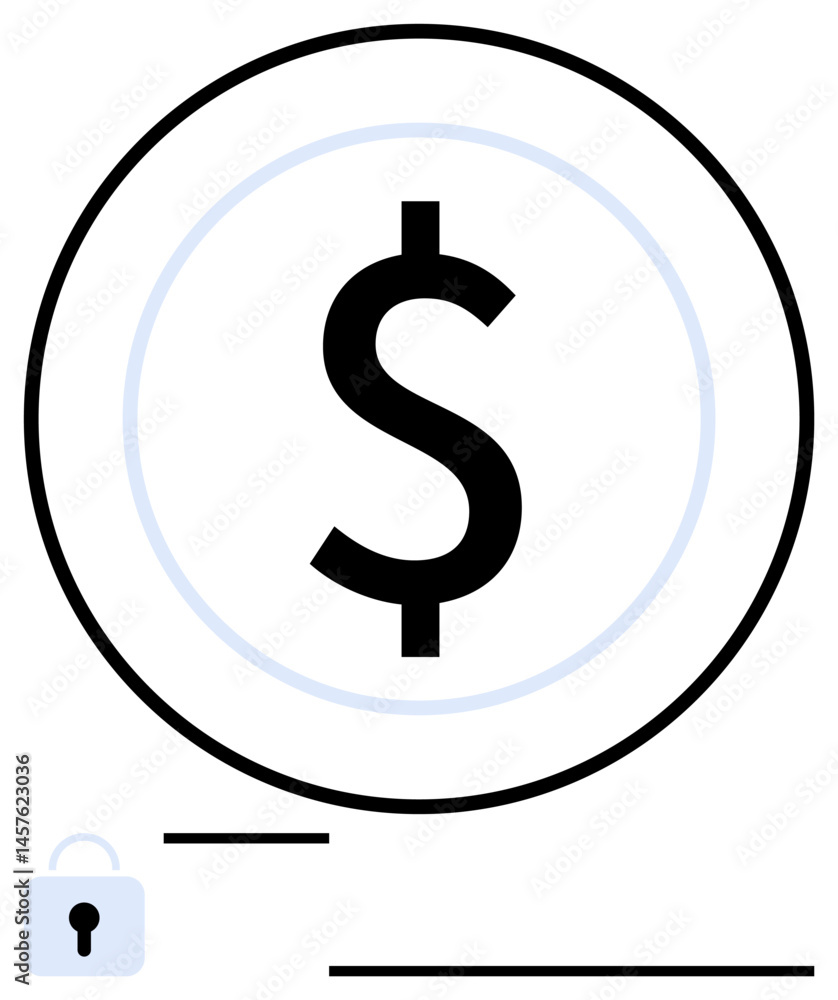 Black dollar sign encircled by lines with a closed lock symbol at the corner. Ideal for finance, security, online payments, banking, protection, budgeting, and savings concepts. Flat simple metaphor Black dollar sign encircled by lines with a closed lock symbol at the corner. Ideal for finance, security, online payments, banking, protection, budgeting, and savings concepts. Flat simple metaphor