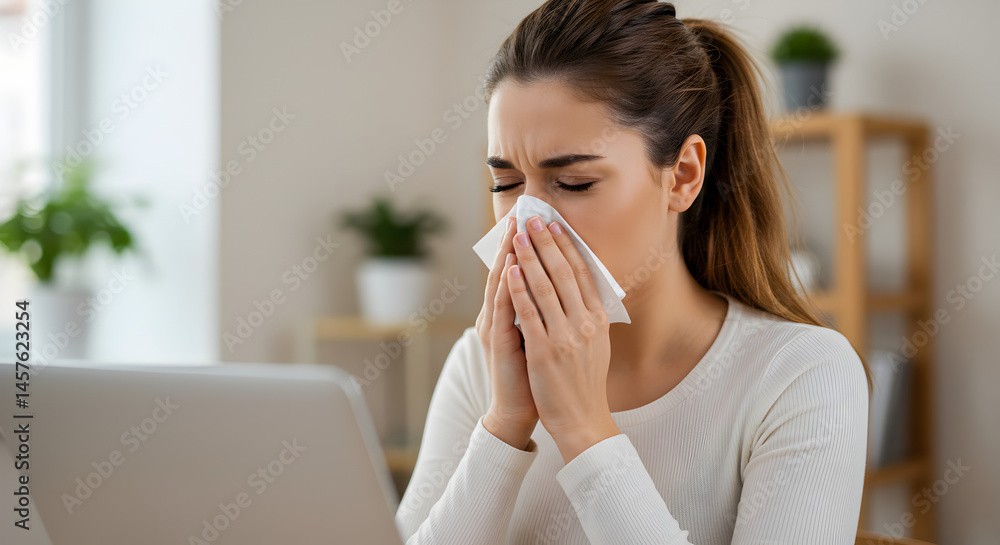 Young Woman Blowing Nose with Tissue at Desk with Laptop in White Shirt With Wooden Shelves Young Woman Blowing Nose with Tissue at Desk with Laptop in White Shirt With Wooden Shelves