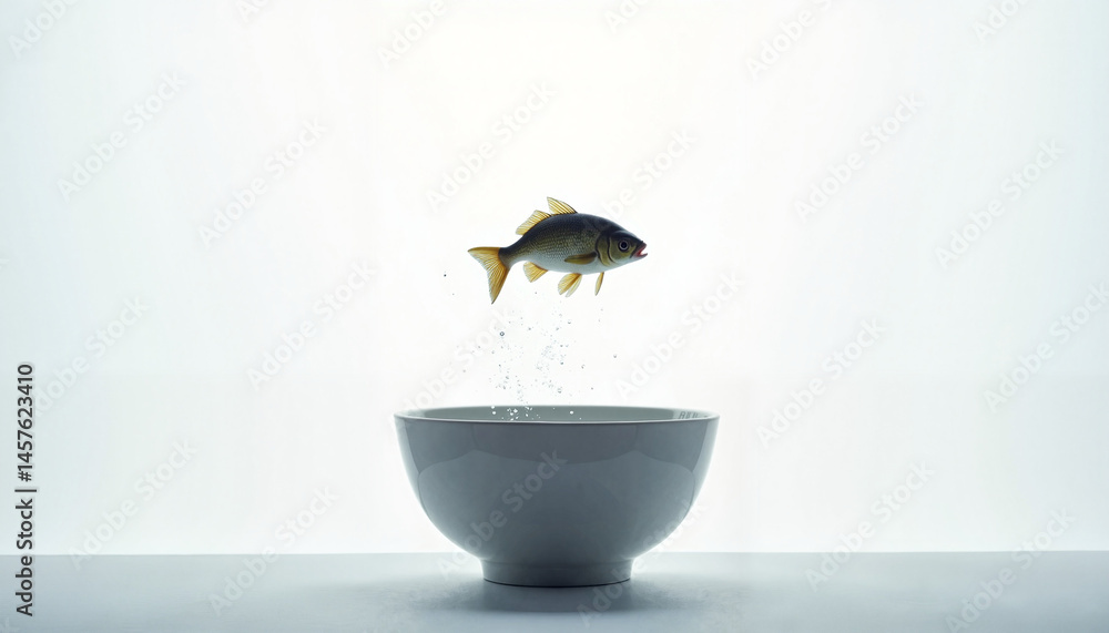 Fish jumping in bowl for National Pet Day on a white background