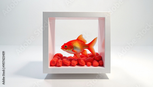 Obraz na płótnie Goldfish swimming in a bowl filled with red pebbles for National Pet Day w salonie