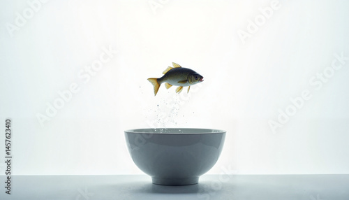 Obraz na płótnie Fish jumping in bowl for National Pet Day on a white background w salonie