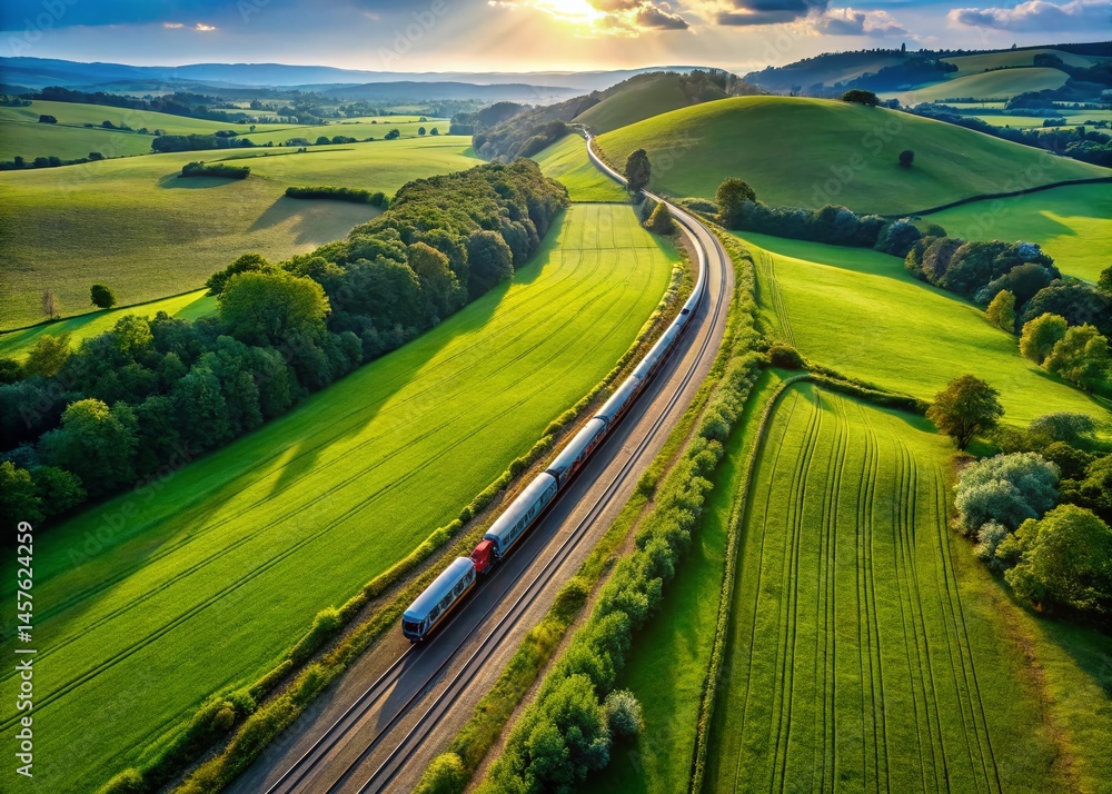 Obraz premium Aerial View of Train Traveling Through Lush Countryside - Stock Photo