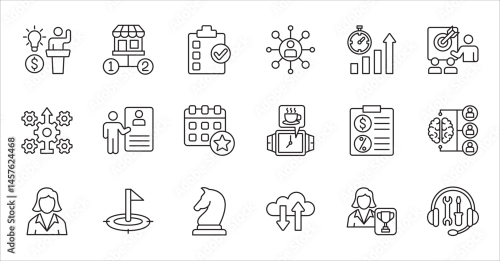 Business company icon set. Management icons. Contains symbol of finance, success, data, businessman, target, customer service, work, money, store, shop, meeting, education, idea. Vector illustration Business company icon set. Management icons. Contains symbol of finance, success, data, businessman, target, customer service, work, money, store, shop, meeting, education, idea. Vector illustration