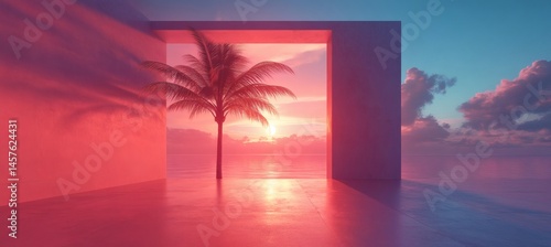 Surreal doorway in flat landscape opening to tropical palm tree and pink blue sky evoking hope alternate reality and concept of future access beyond limits,

