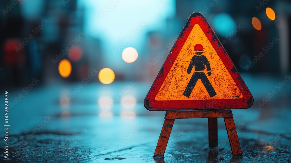 Small tabletop construction warning sign with pedestrian icon on wet urban street, perfect for safety visuals, urban planning ads, and roadwork awareness campaigns