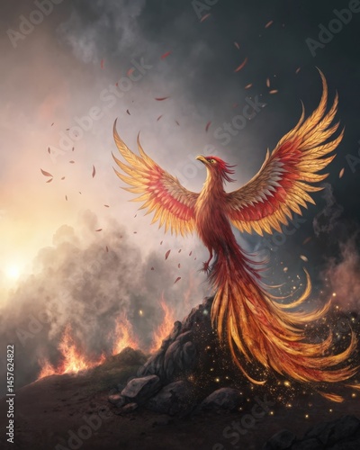 A rising phoenix emerging from the ashes of a dream symbolizing transformation and rebirth highlighting how dreams can catalyze personal change and resilience.
