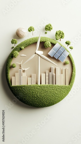 Miniature world with wind turbines, city skyline, solar panels, grass and green trees