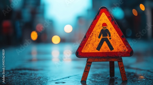 Obraz na płótnie Small tabletop construction warning sign with pedestrian icon on wet urban street, perfect for safety visuals, urban planning ads, and roadwork awareness campaigns w salonie