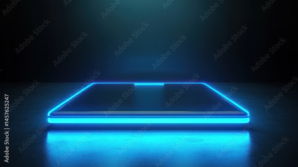 Neon Blue Lit Dark Surface Display Neon Blue Lit Dark Surface Display