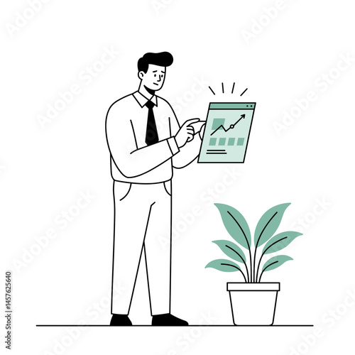 Man Feeling Accomplished, Reviewing Data While Checking Credit Score Against Green Plant – Personal Finance, Financial Success, Data Analysis for Financial Blogs, Websites, Marketing