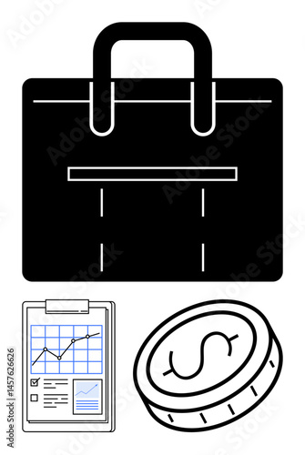 Briefcase symbol, financial document with graph, coin with dollar sign. Ideal for finance, business planning, investments, accounting, economic growth, savings simple landing page