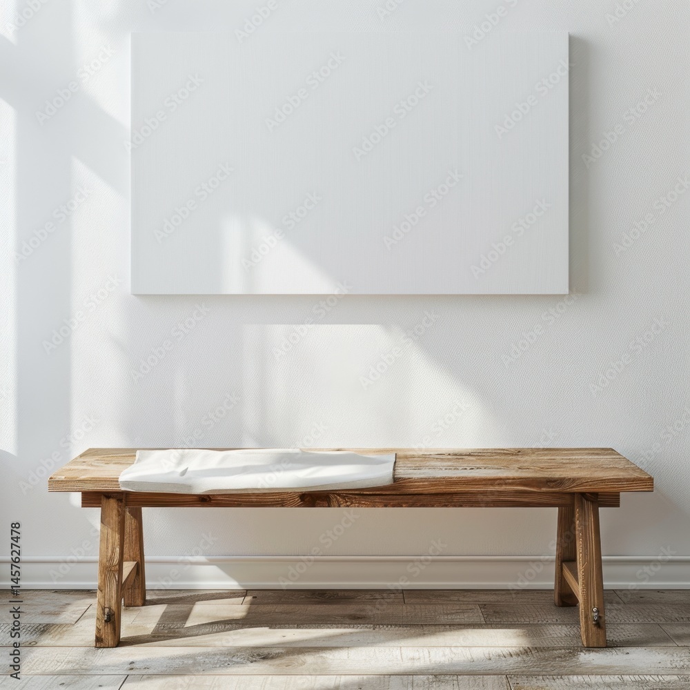 A wooden bench with a white cloth on it. The bench is in front of a white wall A wooden bench with a white cloth on it. The bench is in front of a white wall