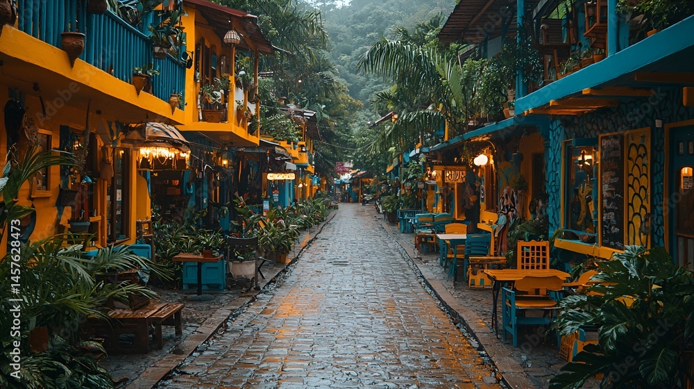 Fototapeta premium Colorful street in a tropical town after rain.