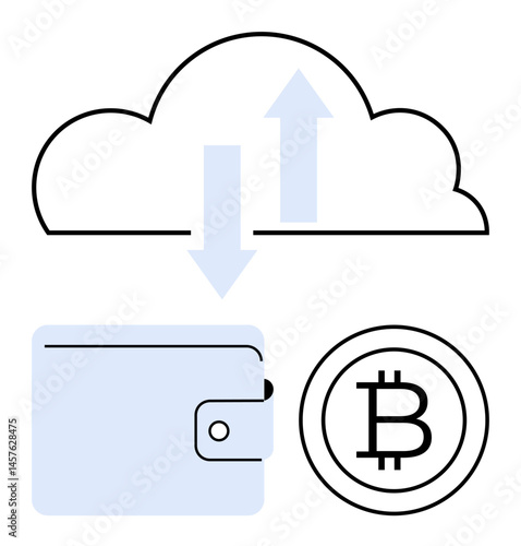 Cloud with up and down arrows, wallet, and Bitcoin logo indicating data transfer. Ideal for crypto security, digital wallet storage, cloud operations, decentralized finance, online payments