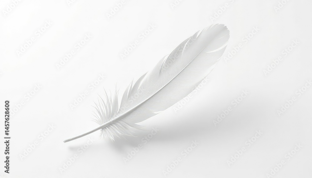 A single white feather floating on a stark white background, pure, texture, soft A single white feather floating on a stark white background, pure, texture, soft