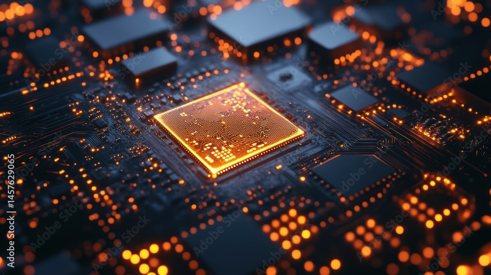 Illuminated microchip on a futuristic circuit board representing modern technology Illuminated microchip on a futuristic circuit board representing modern technology
