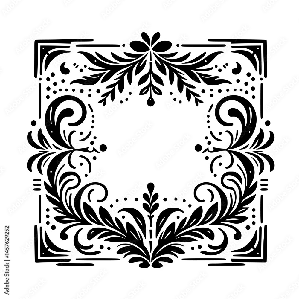 Fototapeta premium Elegant Floral Frame, Black & White Vector Illustration for Design