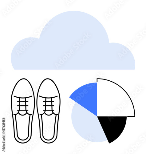 Minimalist cloud shapes above shoes and pie chart, representing digital solutions for lifestyle, sustainability, and business insights. Ideal for technology, fashion, analytics, storage, innovation