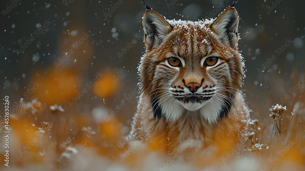 Obraz premium Lynx in snowy autumn field.